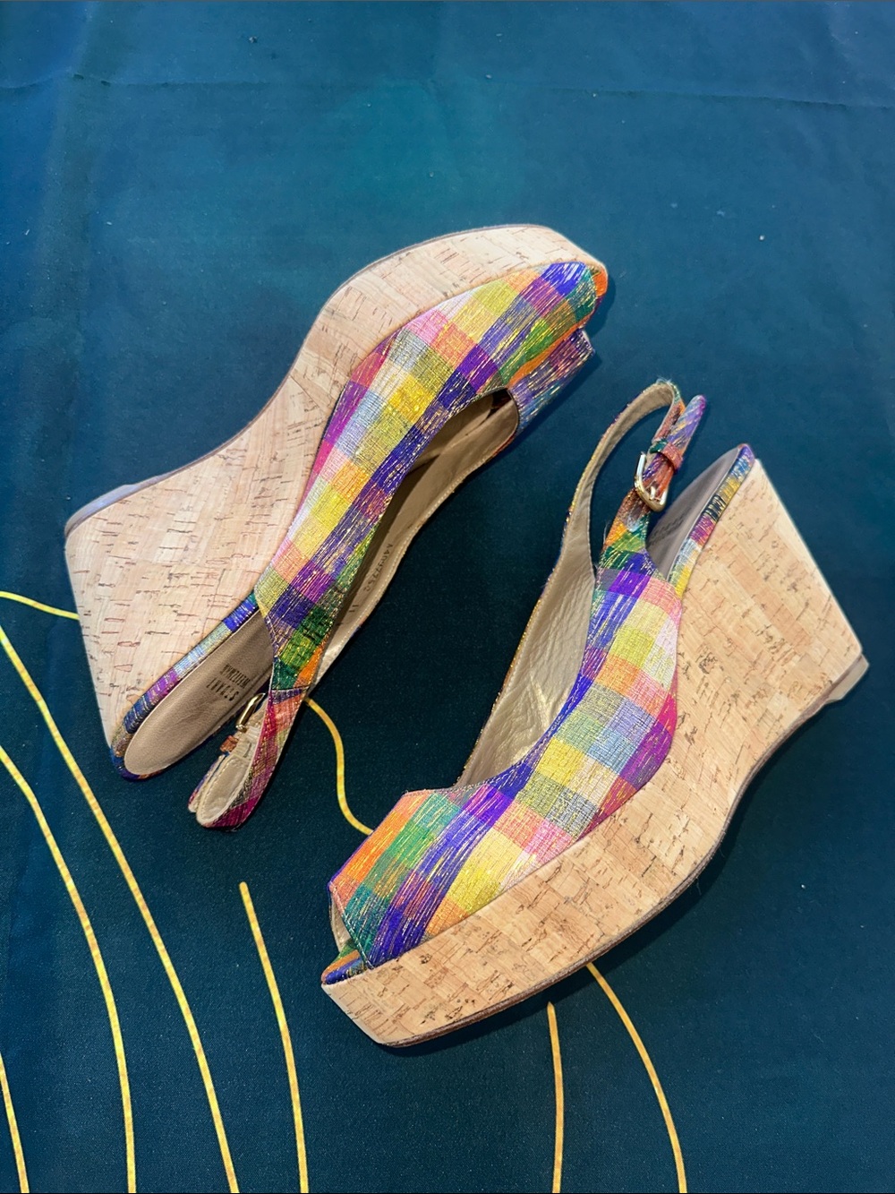 Stuart Weitzman Multicolor Plaid Cork Wedge Sandals - Picture 3 of 10